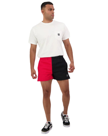 Red Black Coloured Swanndri Mens Chequered Rugby Short on white background 