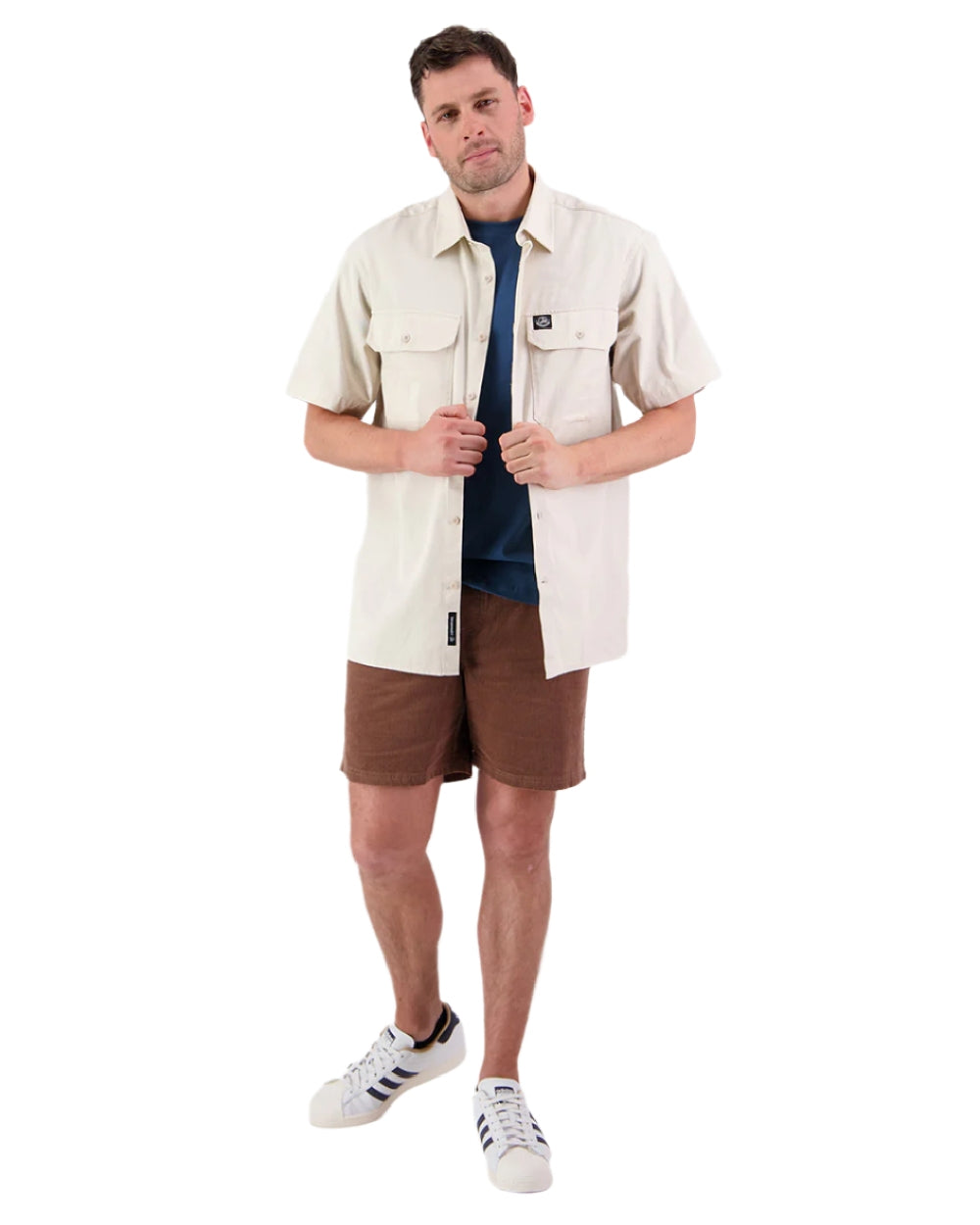 Light Taupe Coloured Swanndri Mens Fundamentals Short Sleeve Work Shirt on white background 