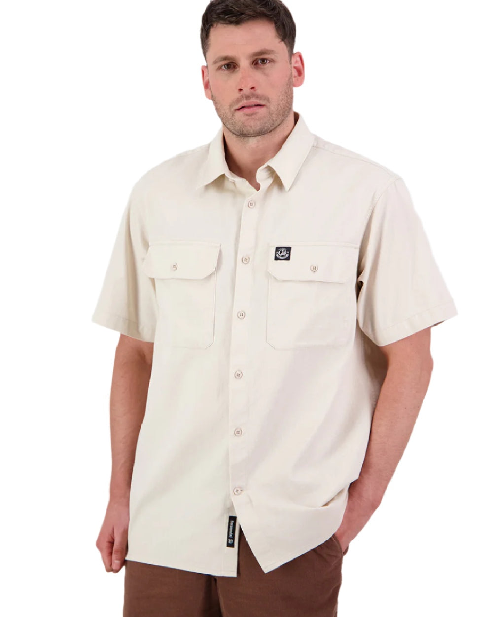 Light Taupe Coloured Swanndri Mens Fundamentals Short Sleeve Work Shirt on white background 