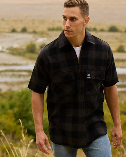 Grey Black Check Coloured Swanndri Mens Henderson Wool Jacket on outdoor background 