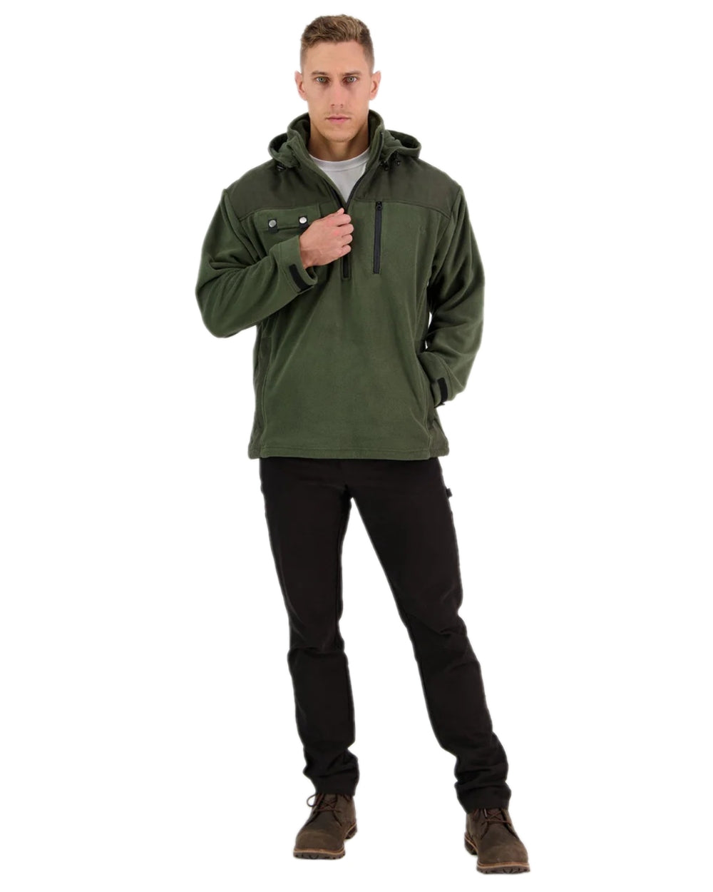 Olive Coloured Swanndri Mens High Rock Technical Fleece Hoodie on white background 