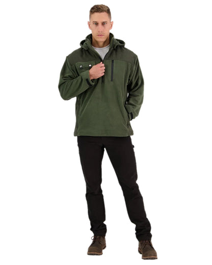 Olive Coloured Swanndri Mens High Rock Technical Fleece Hoodie on white background 