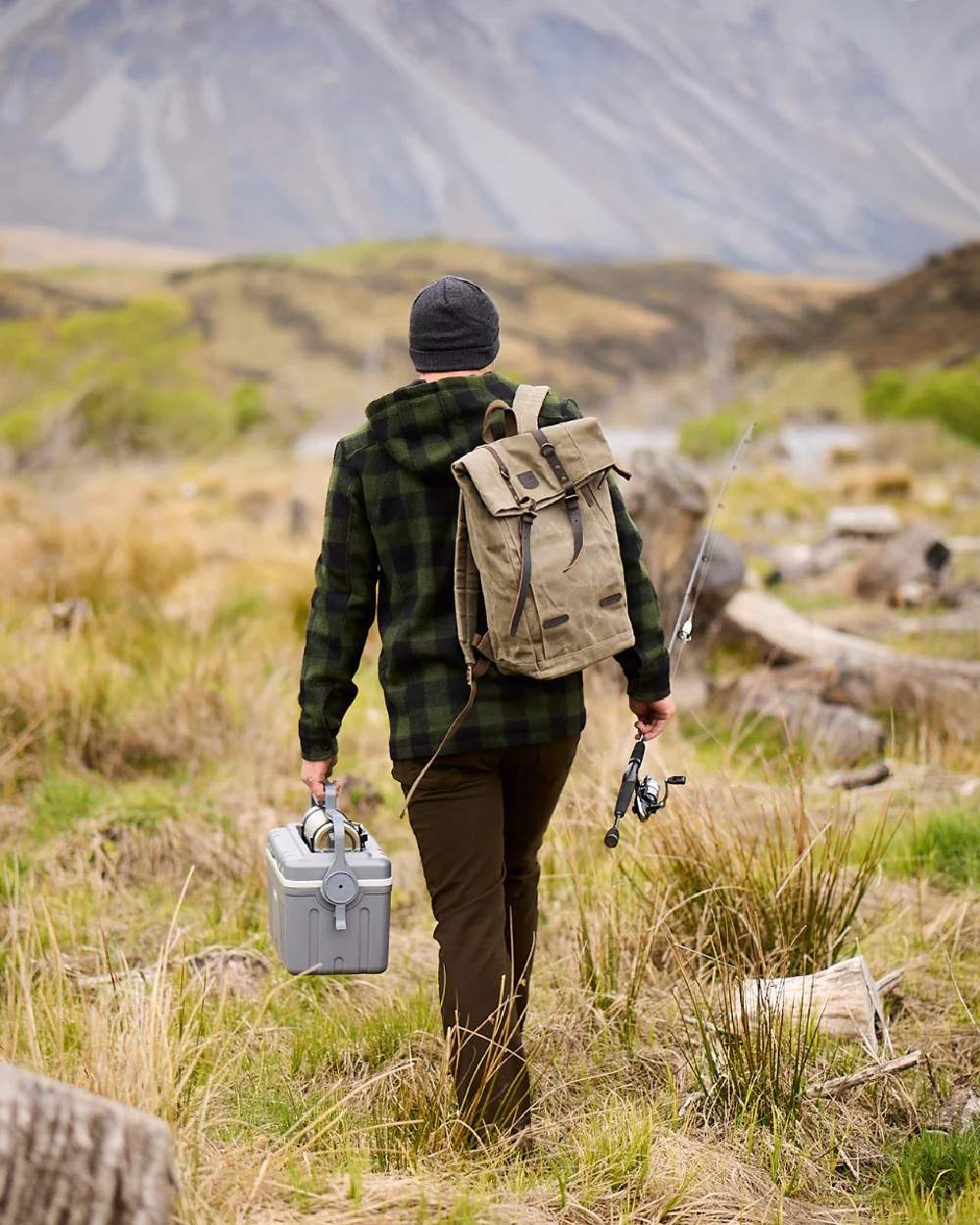 Olive Black Check Coloured Swanndri Mens Hudson Wool Hoodie on mountain background 