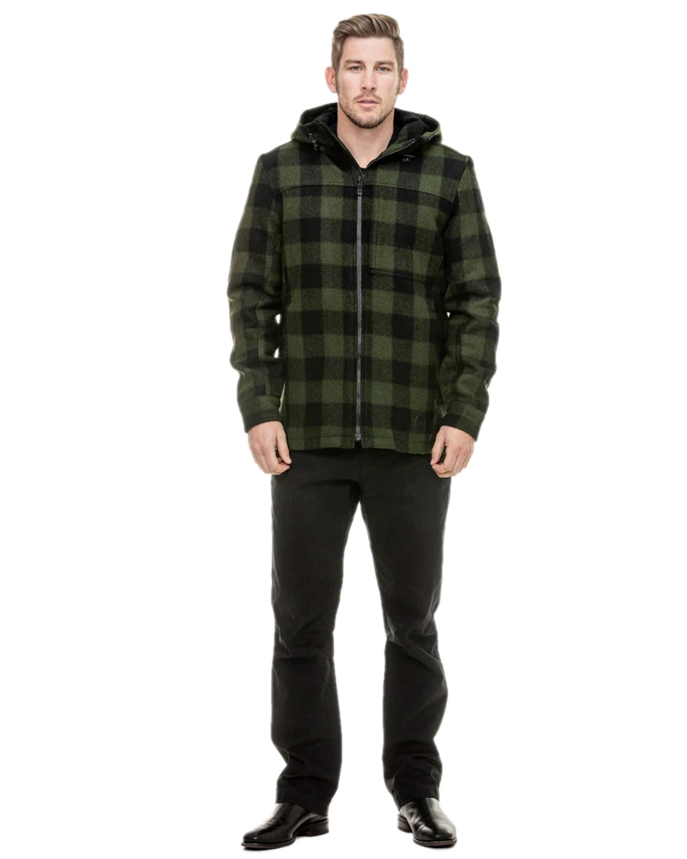 Olive Black Check Coloured Swanndri Mens Hudson Wool Hoodie on white background 