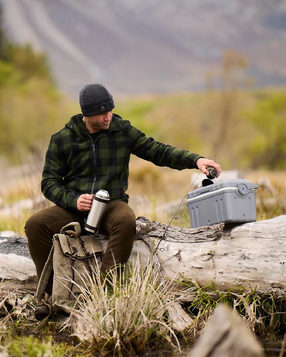 Olive Black Check Coloured Swanndri Mens Hudson Wool Hoodie on forest background 