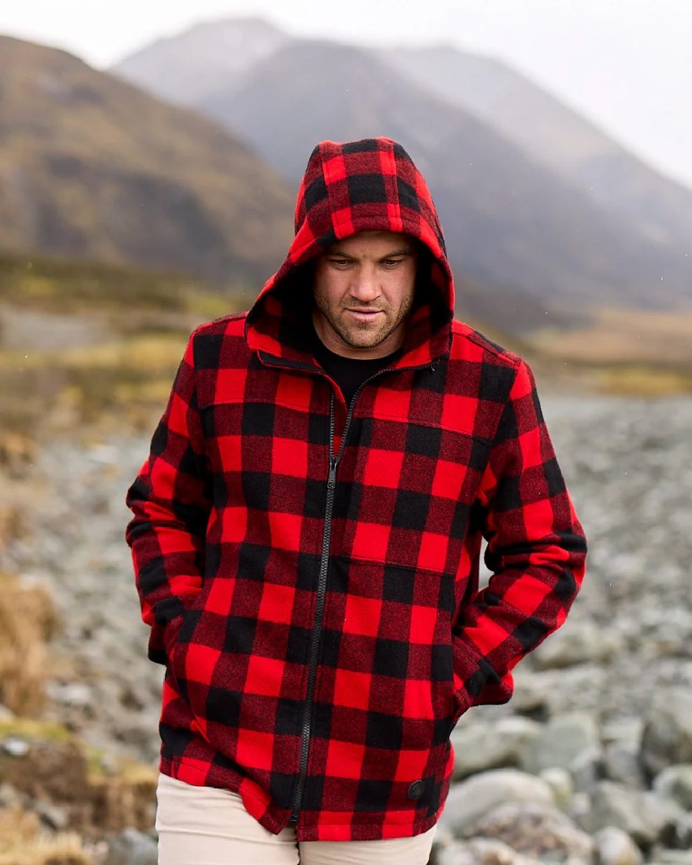 Red Black Check Coloured Swanndri Mens Hudson Wool Hoodie on mountain background 