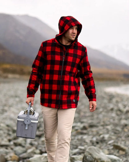 Red Black Check Coloured Swanndri Mens Hudson Wool Hoodie on mountain background 