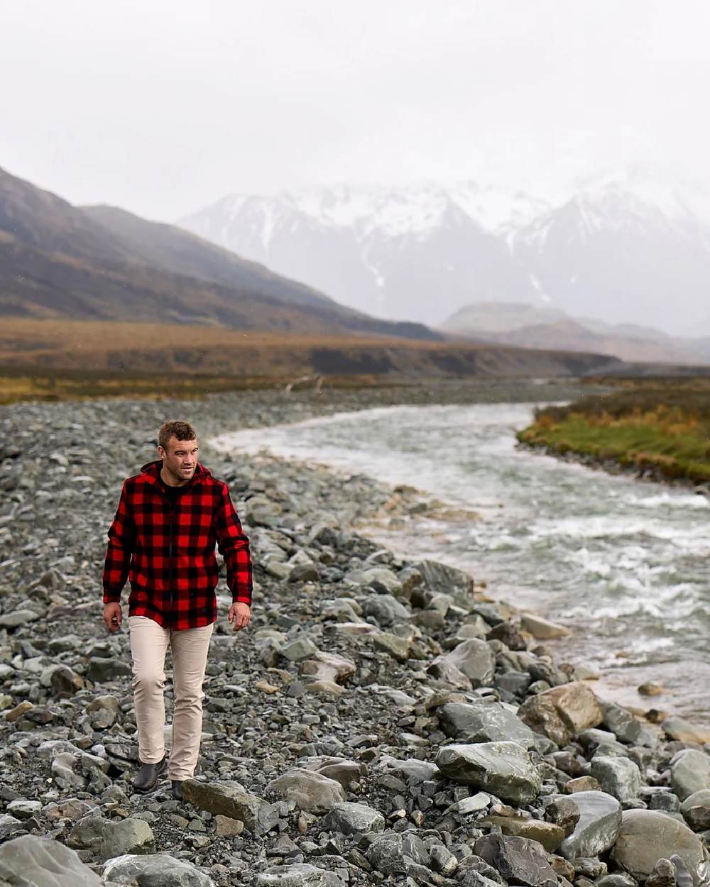 Red Black Check Coloured Swanndri Mens Hudson Wool Hoodie on river background 