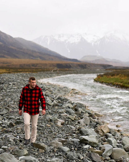 Red Black Check Coloured Swanndri Mens Hudson Wool Hoodie on river background 