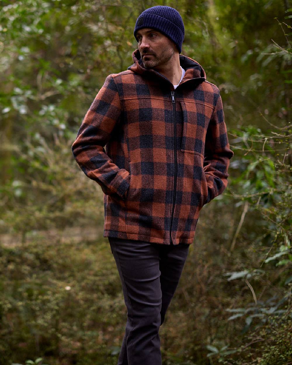 Shadow Rusty Check Coloured Swanndri Mens Hudson Wool Hoodie on outdoor background 