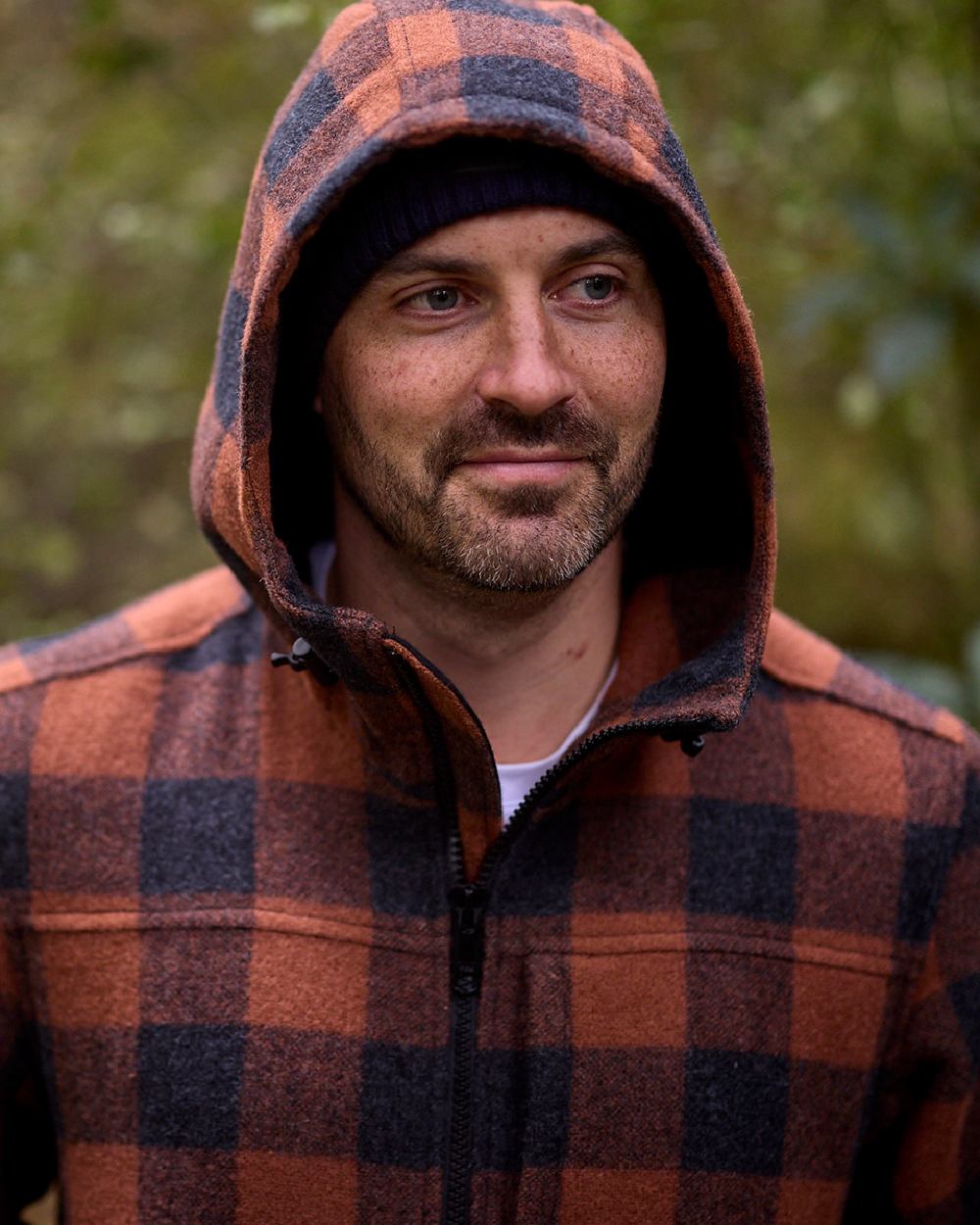 Shadow Rusty Check Coloured Swanndri Mens Hudson Wool Hoodie on outdoor background 