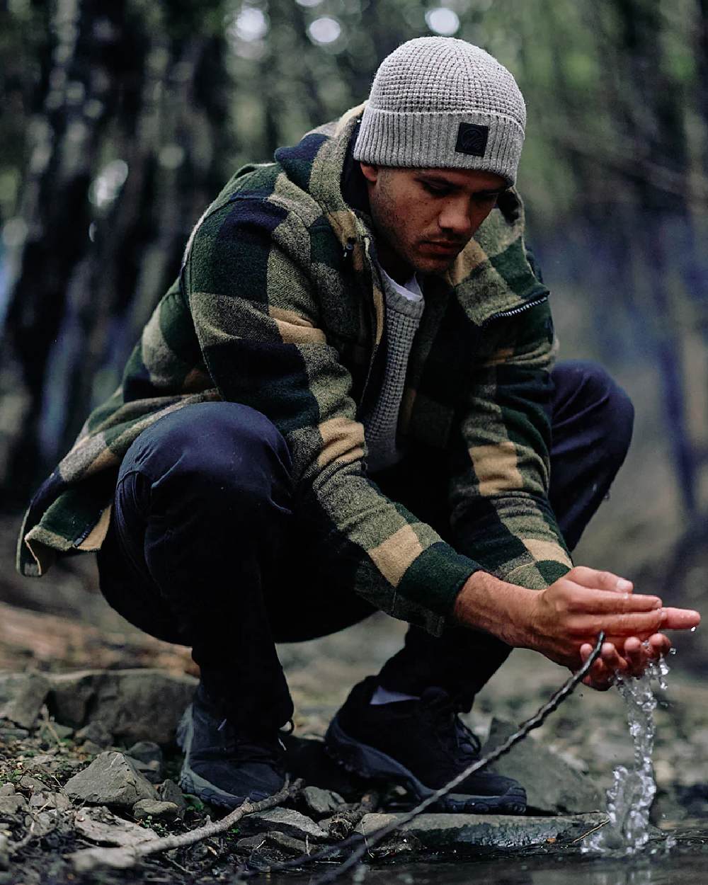 Yellowstone Check Coloured Swanndri Mens Hudson Wool Hoodie on outdoor background 