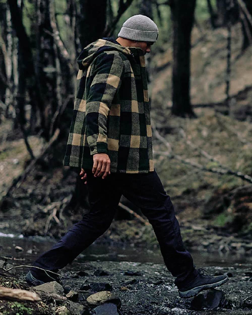 Yellowstone Check Coloured Swanndri Mens Hudson Wool Hoodie on outdoor background 