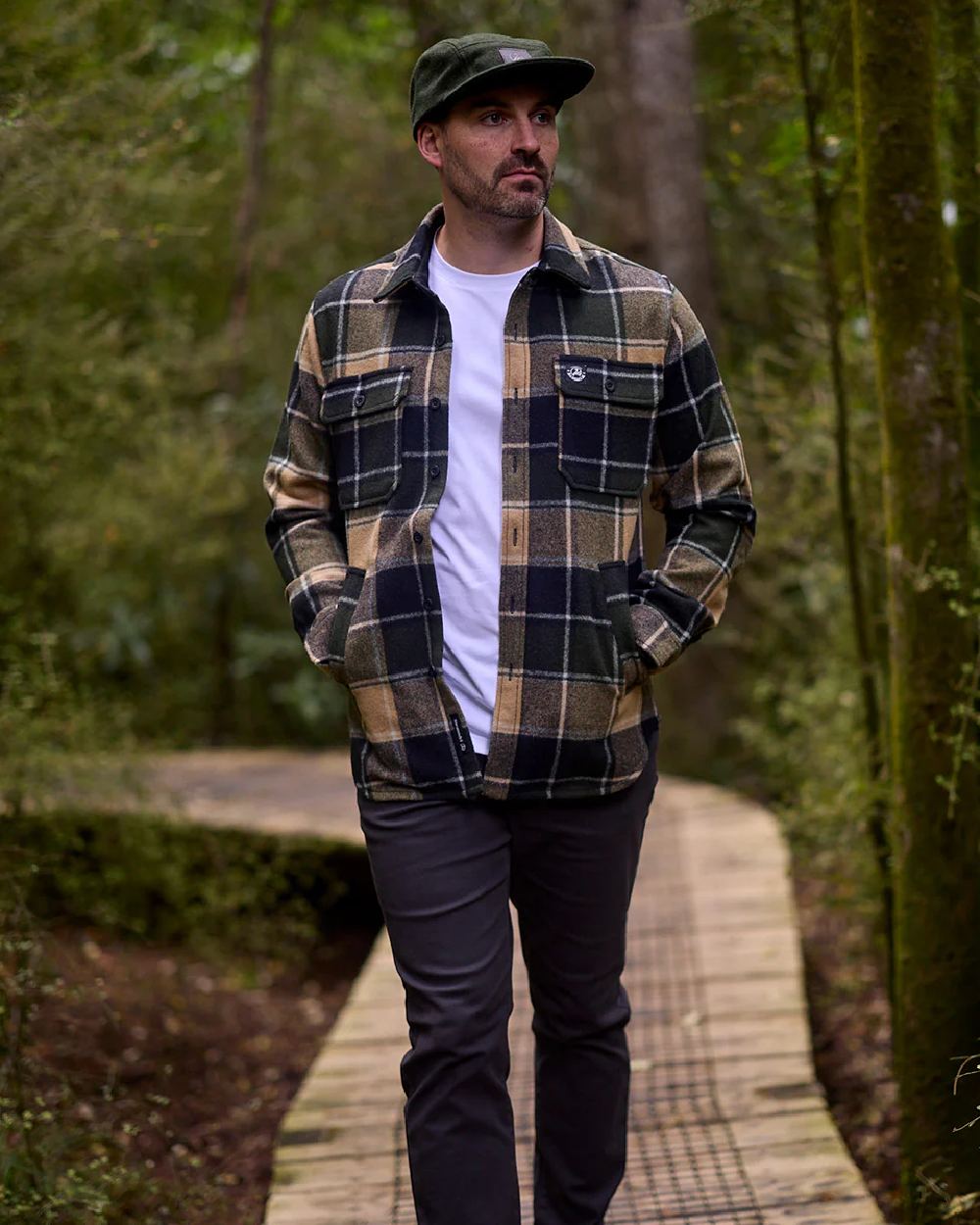 Denver Check Coloured Swanndri Mens Kiaraki V3 Wool Shacket on outdoor background 