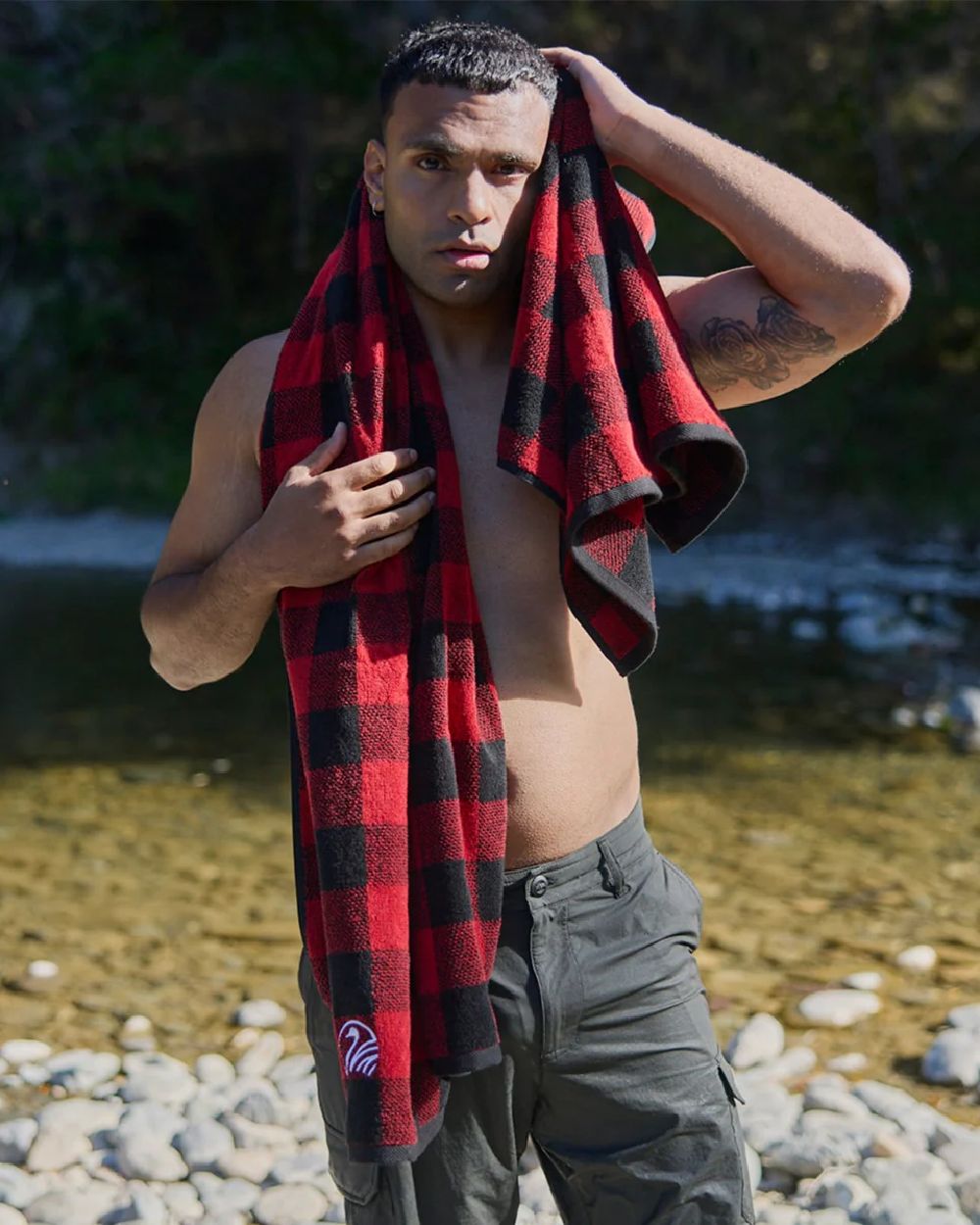 Olive Coloured Swanndri Mens Lawson Walk Shorts on pond background 