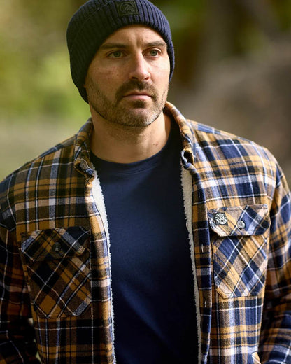 Navy Cashew Coloured Swanndri Mens Morven Sherpa Long Sleeve Shirt on outdoor background 