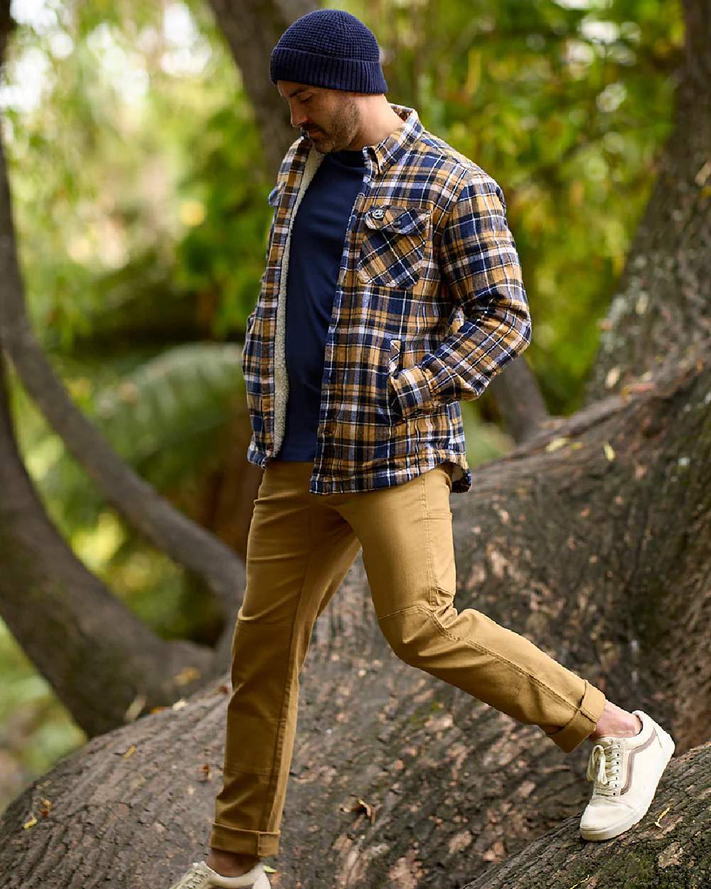 Navy Cashew Coloured Swanndri Mens Morven Sherpa Long Sleeve Shirt on outdoor background 