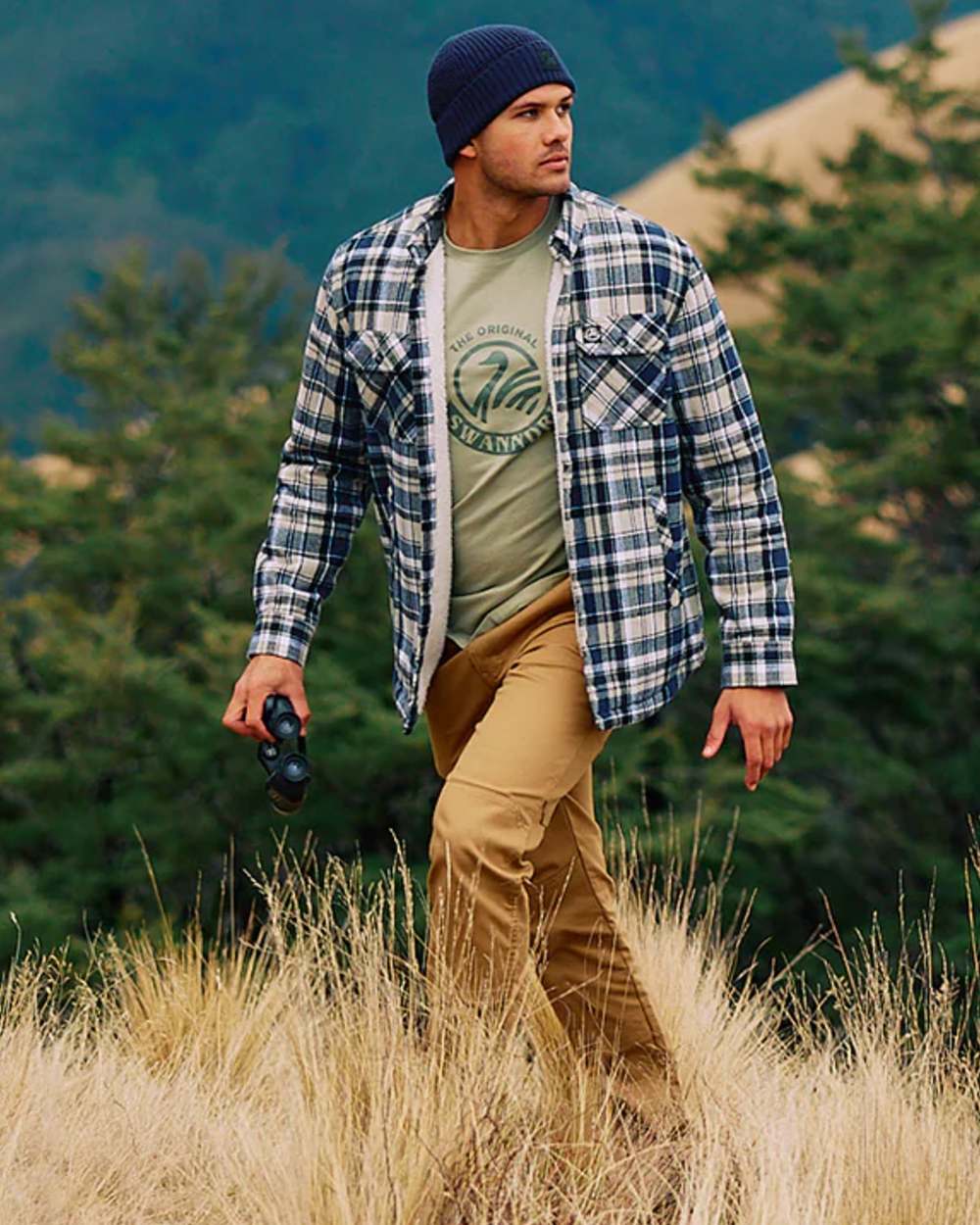 Navy Horizon Grey Coloured Swanndri Mens Morven Sherpa Long Sleeve Shirt on outdoor background 