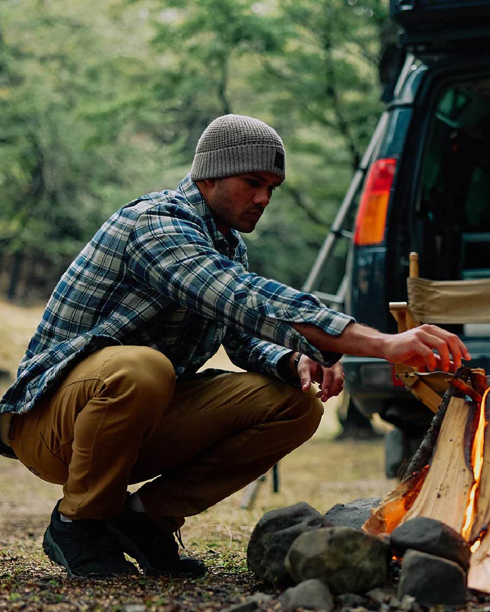 Navy Horizon Grey Coloured Swanndri Mens Morven Sherpa Long Sleeve Shirt on outdoor background 