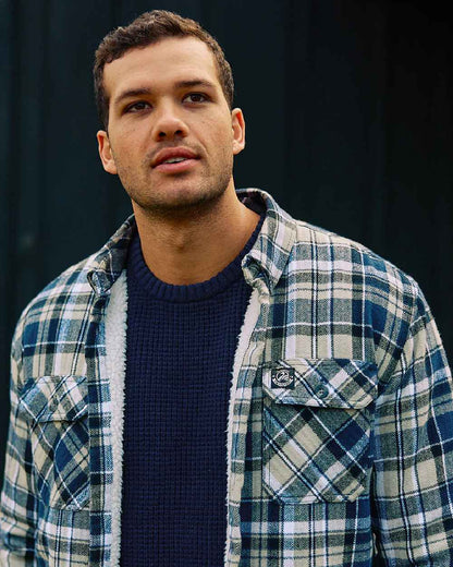 Navy Horizon Grey Coloured Swanndri Mens Morven Sherpa Long Sleeve Shirt on outdoor background 