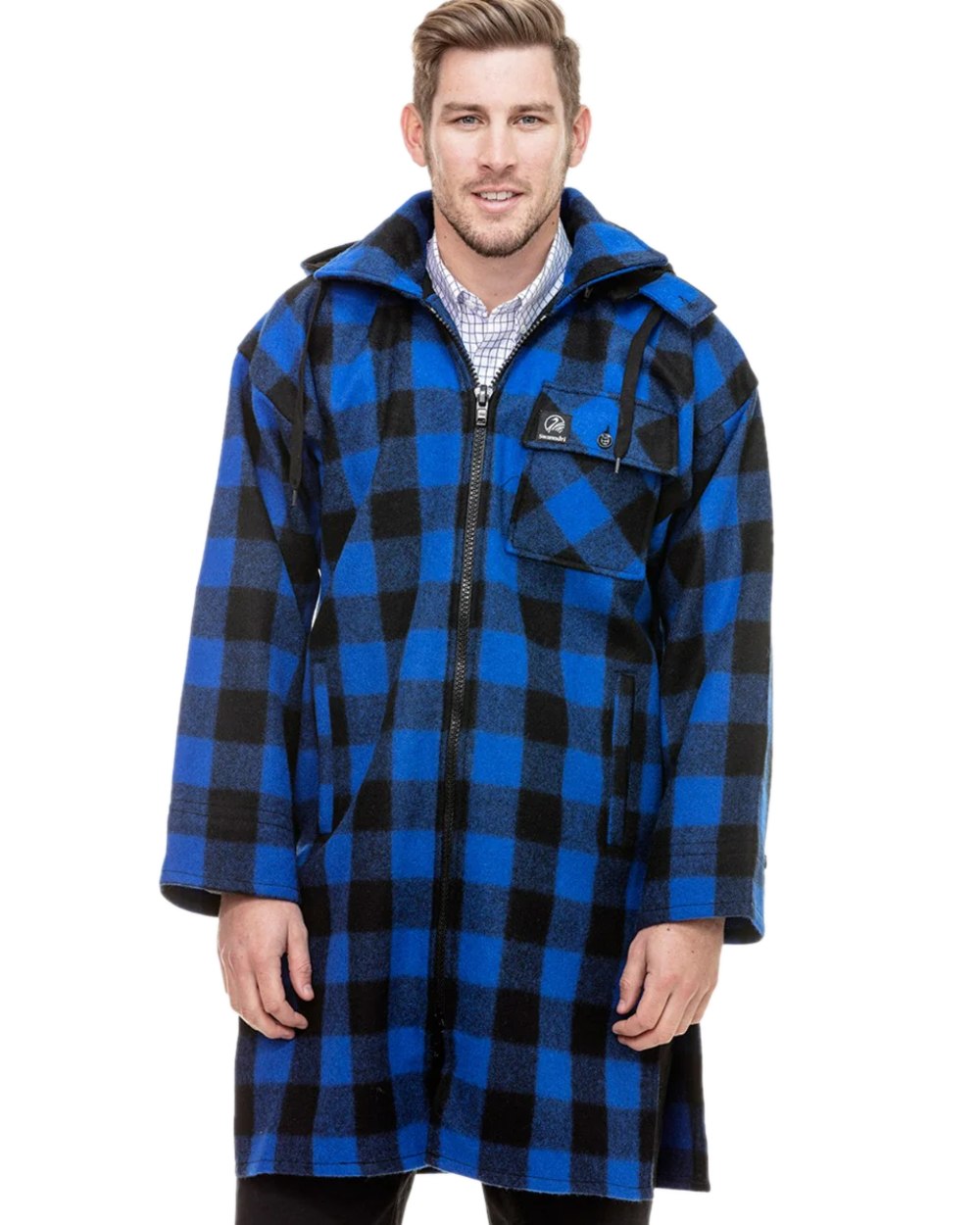 Blue Black Check Coloured Swanndri Mens Mosgiel Wool Bushshirt with Zip-up Front on white background 