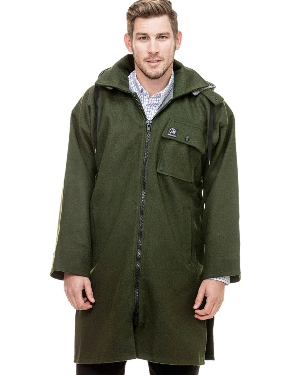 Olive Coloured Swanndri Mens Mosgiel Wool Bushshirt with Zip-up Front on white background 