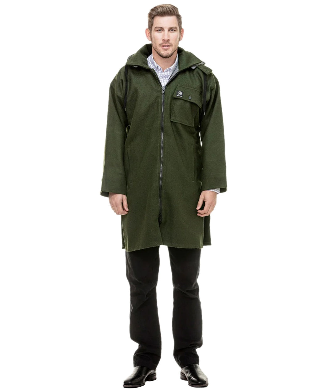 Olive Coloured Swanndri Mens Mosgiel Wool Bushshirt with Zip-up Front on white background 