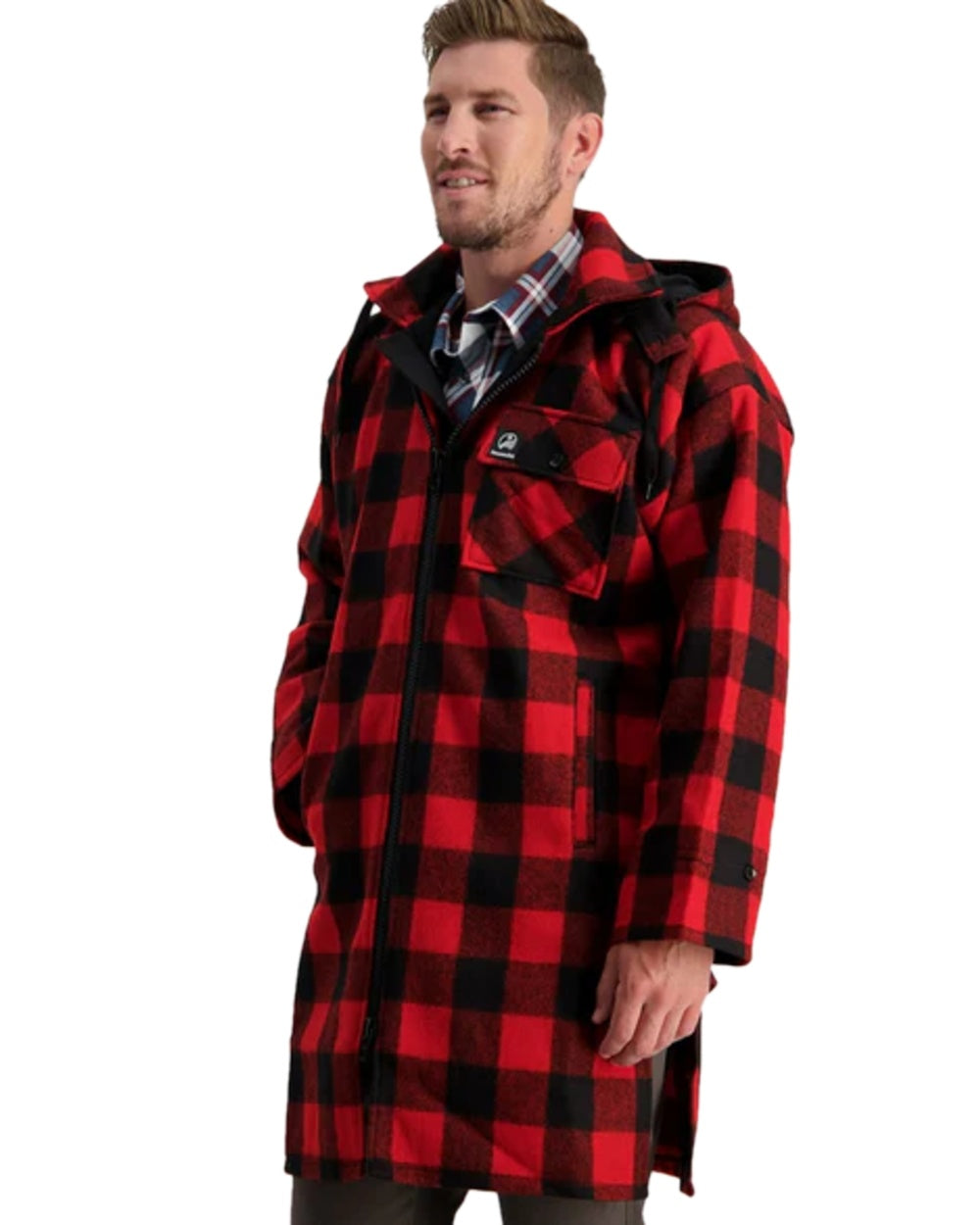 Red Black Check Coloured Swanndri Mens Mosgiel Wool Bushshirt with Zip-up Front on white background 