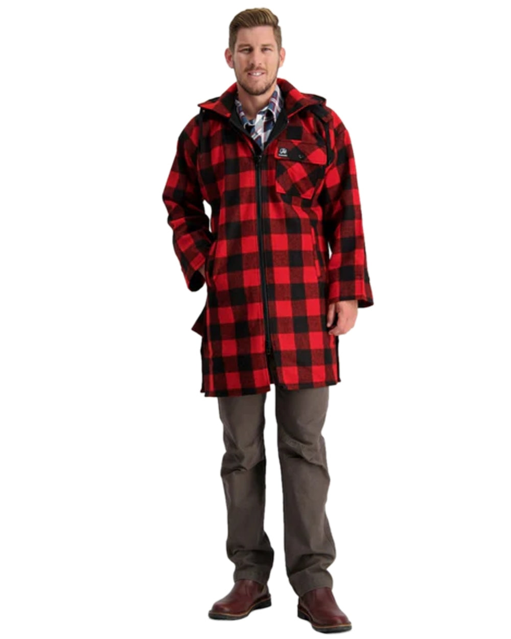 Red Black Check Coloured Swanndri Mens Mosgiel Wool Bushshirt with Zip-up Front on white background 