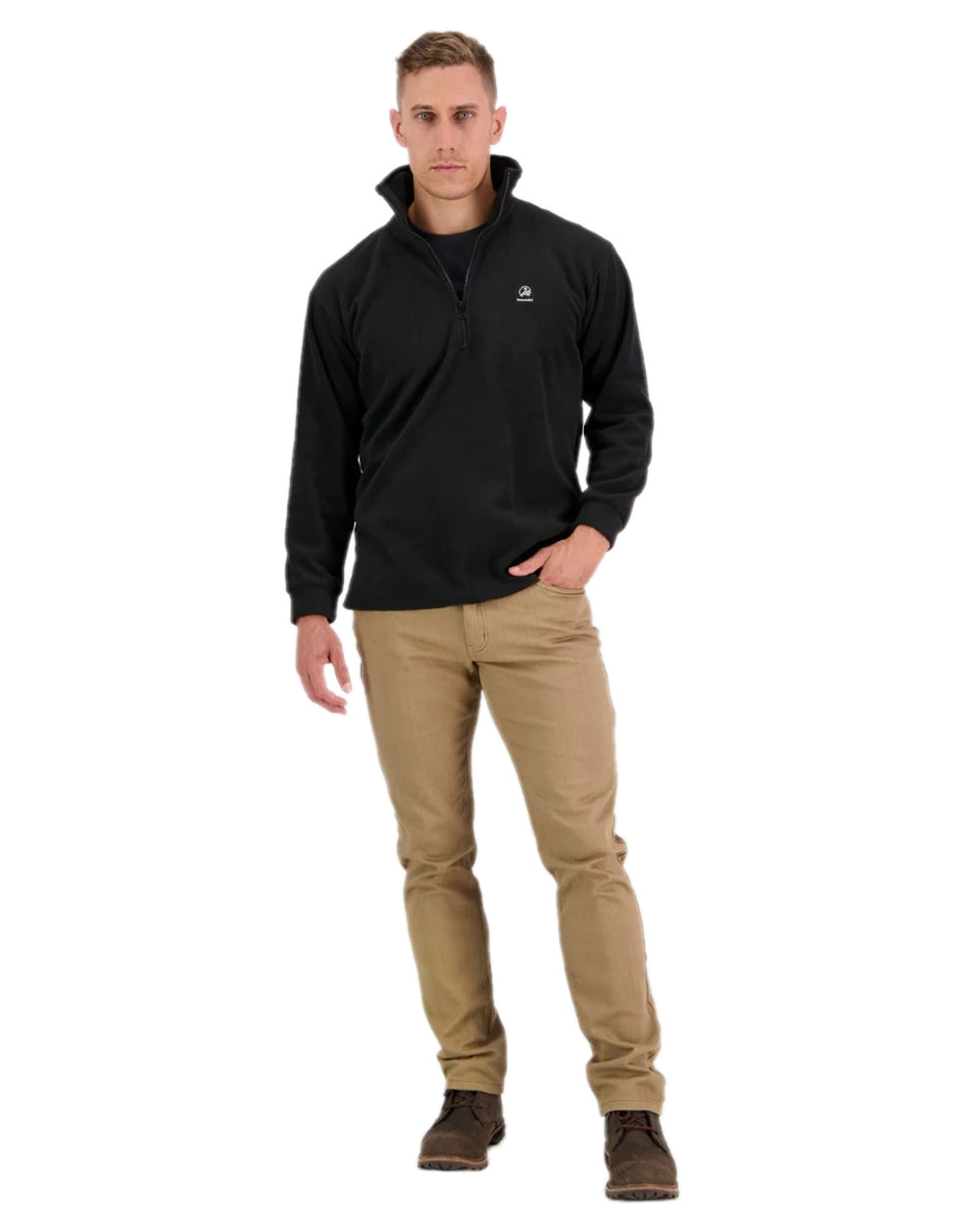 Black Coloured Swanndri Mens Motu Fleece Pullover on white background 