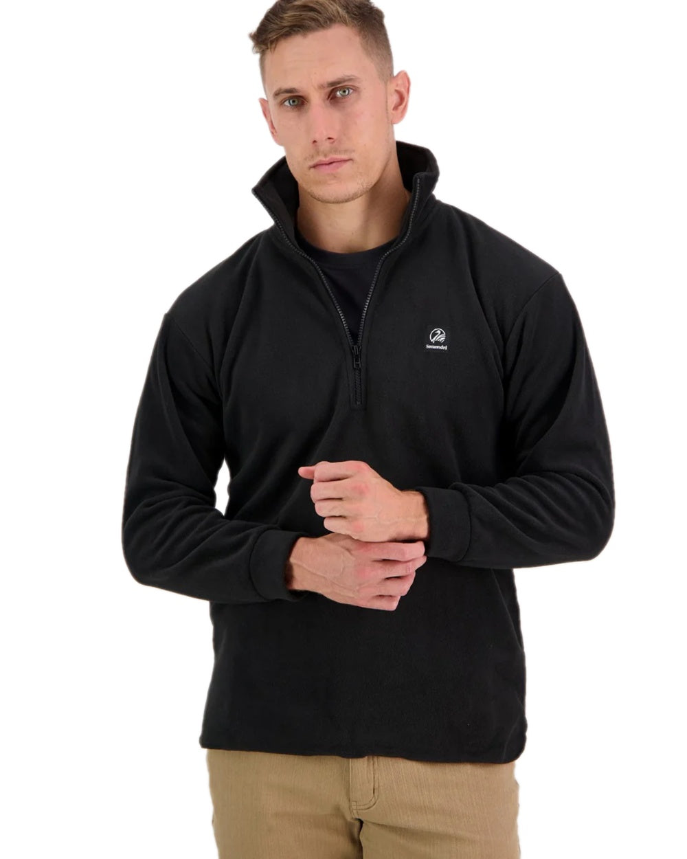 Black Coloured Swanndri Mens Motu Fleece Pullover on white background 