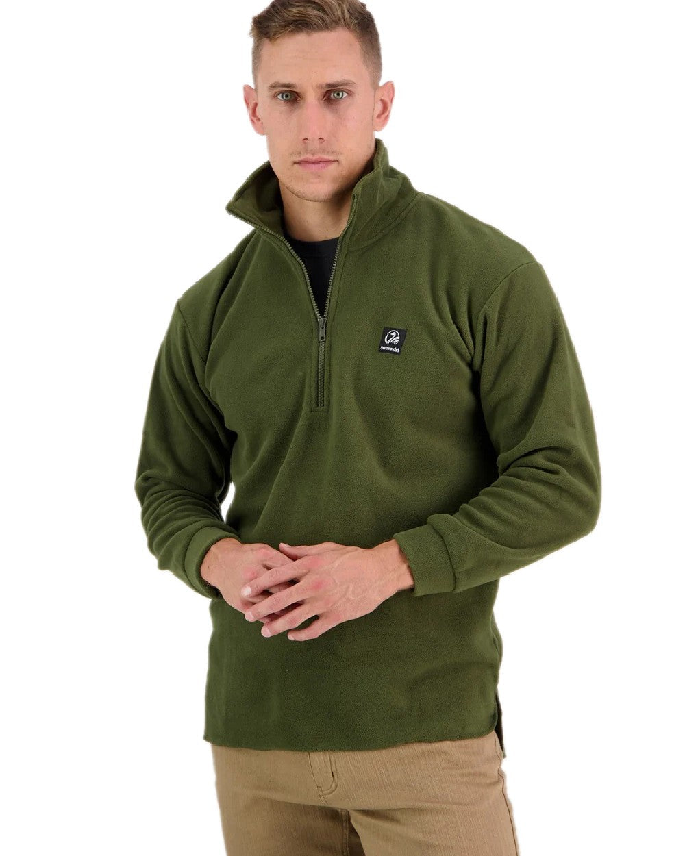 Olive Coloured Swanndri Mens Motu Fleece Pullover on white background 