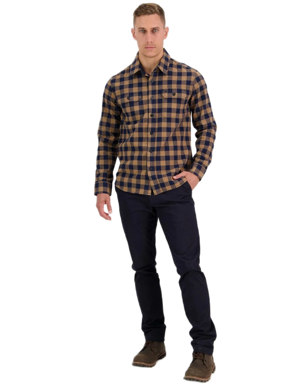 Gold Navy Coloured Swanndri Mens Okato V2 Long Sleeve Shirt on white background 