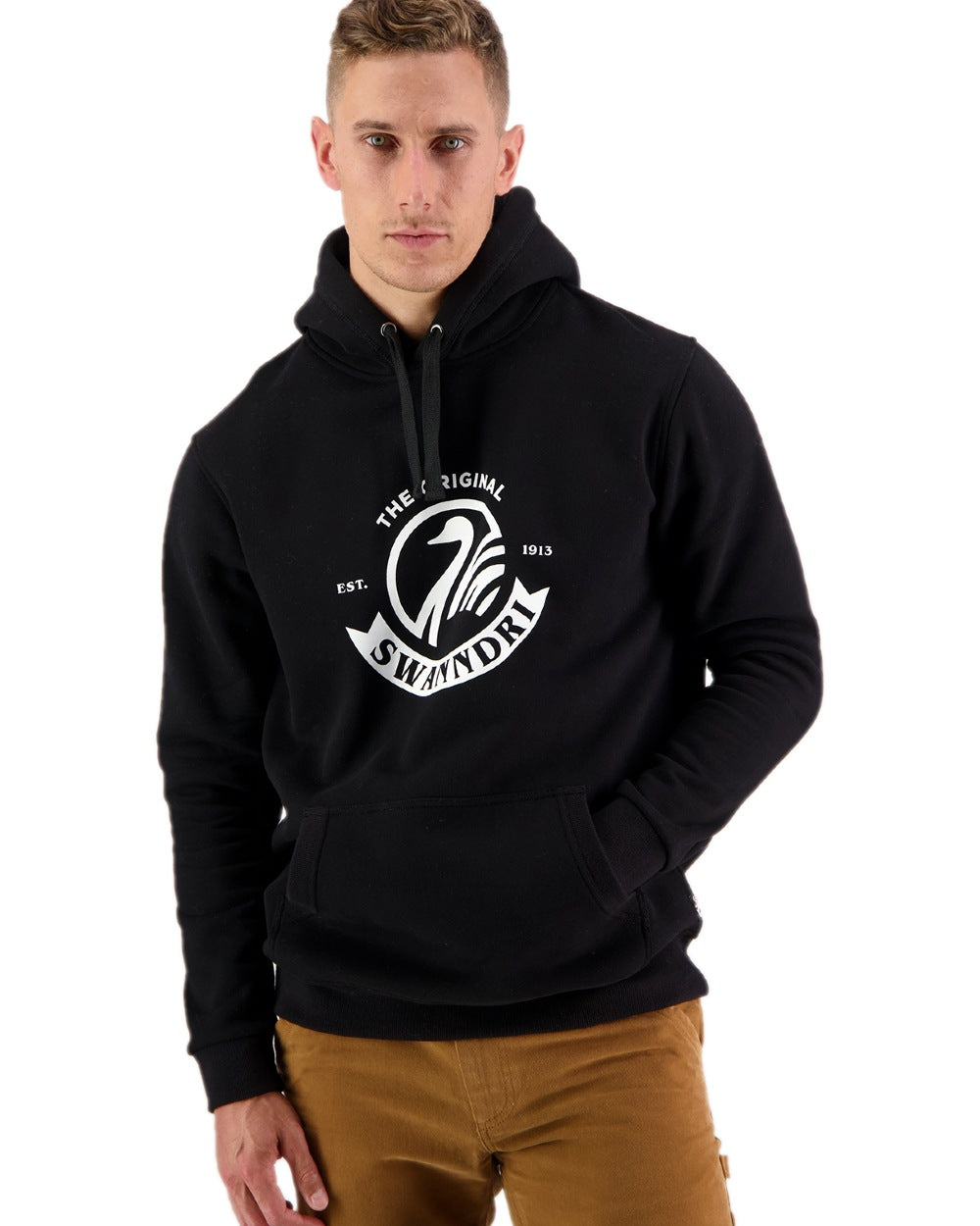 Black Coloured Swanndri Mens Original Fleece Hoodie on white background 