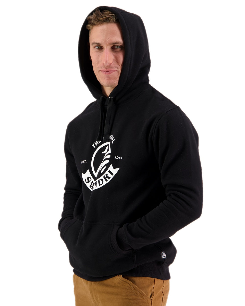 Black Coloured Swanndri Mens Original Fleece Hoodie on white background 