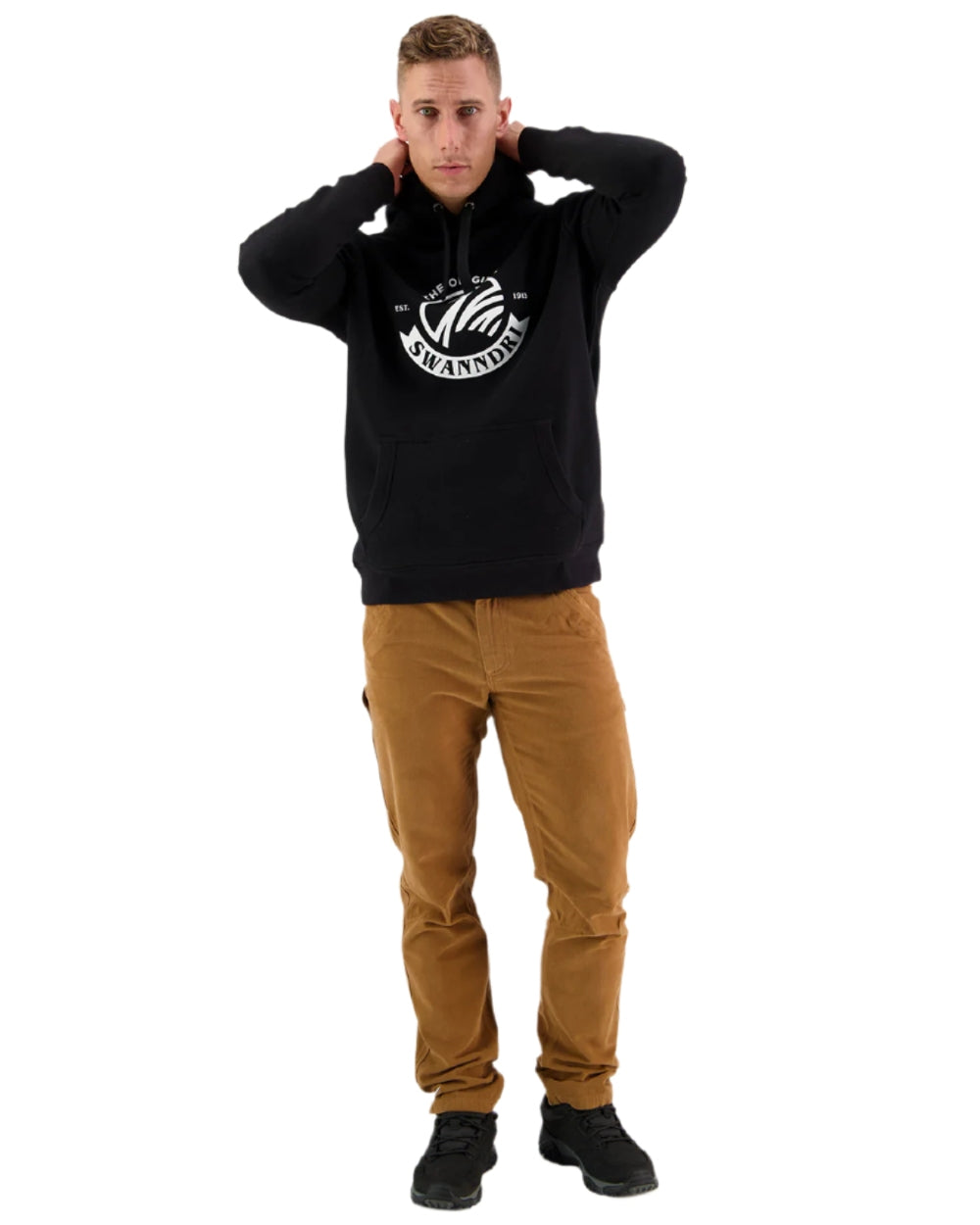 Black Coloured Swanndri Mens Original Fleece Hoodie on white background 