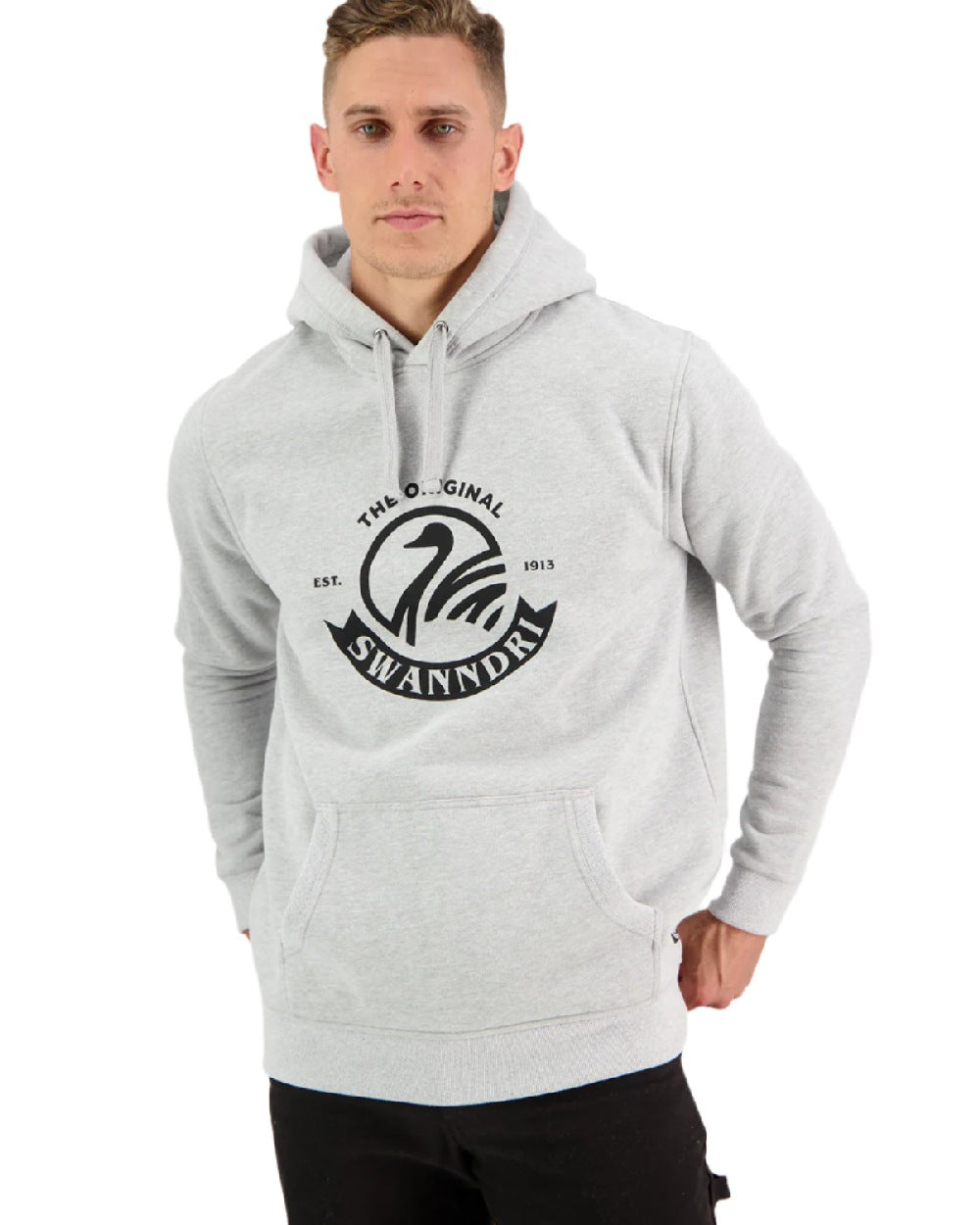 Grey Marle Coloured Swanndri Mens Original Fleece Hoodie on white background 
