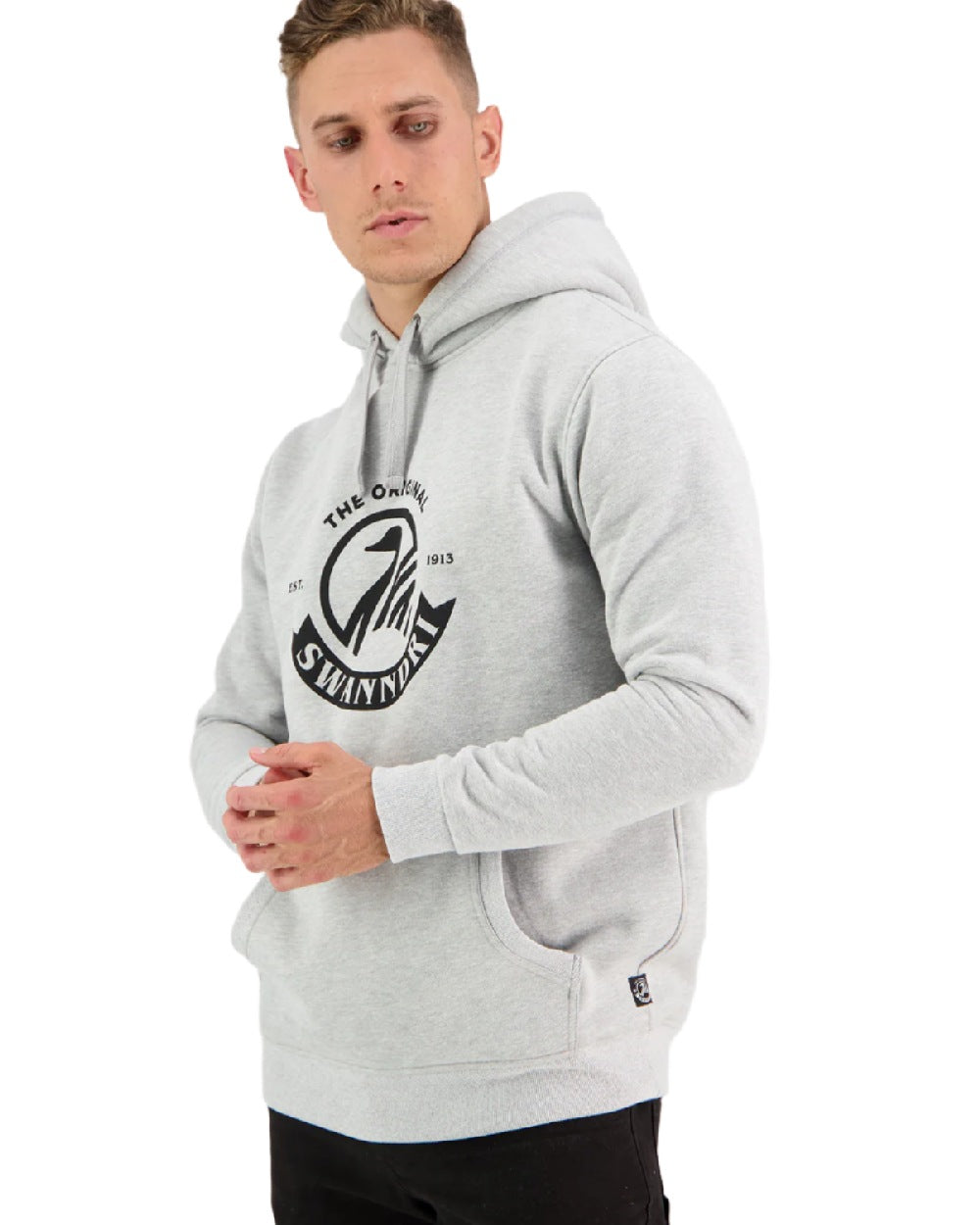 Grey Marle Coloured Swanndri Mens Original Fleece Hoodie on white background 