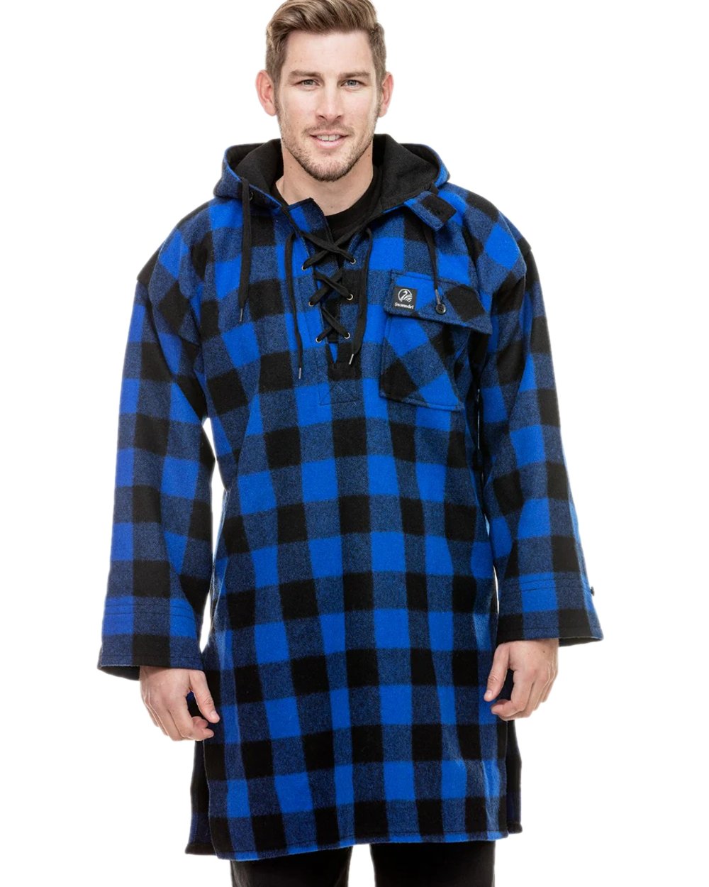 Blue Black Check Coloured Swanndri Mens Original Wool Bushshirt With Lace-Up Front on white background 