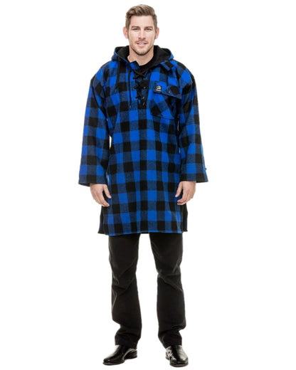 Blue Black Check Coloured Swanndri Mens Original Wool Bushshirt With Lace-Up Front on white background 