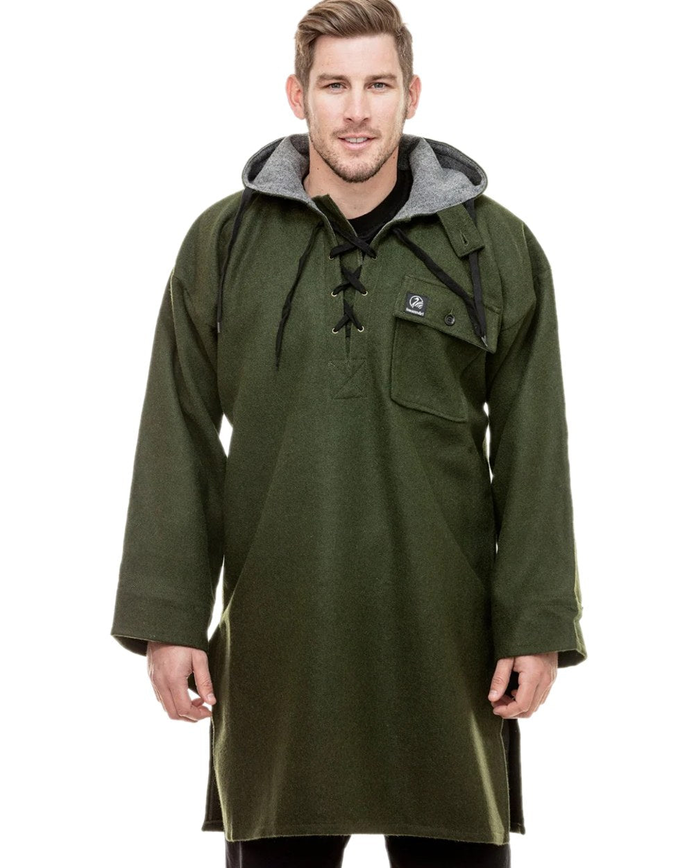 Olive Coloured Swanndri Mens Original Wool Bushshirt With Lace-Up Front on white background 
