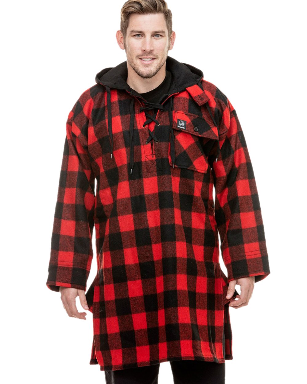 Red Black Check Coloured Swanndri Mens Original Wool Bushshirt With Lace-Up Front on white background 