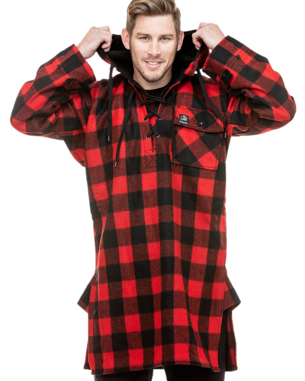 Red Black Check Coloured Swanndri Mens Original Wool Bushshirt With Lace-Up Front on white background 