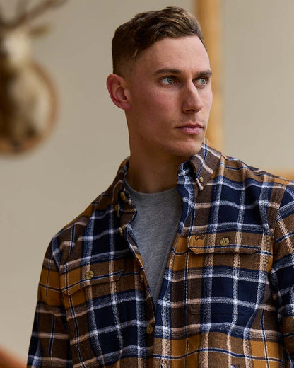 Tan Coloured Swanndri Mens Pencarrow Long Sleeved Shacket on outdoor background 