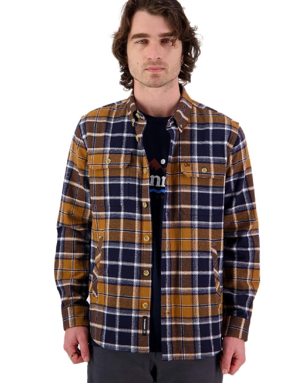Tan Coloured Swanndri Mens Pencarrow Long Sleeved Shacket on white background 