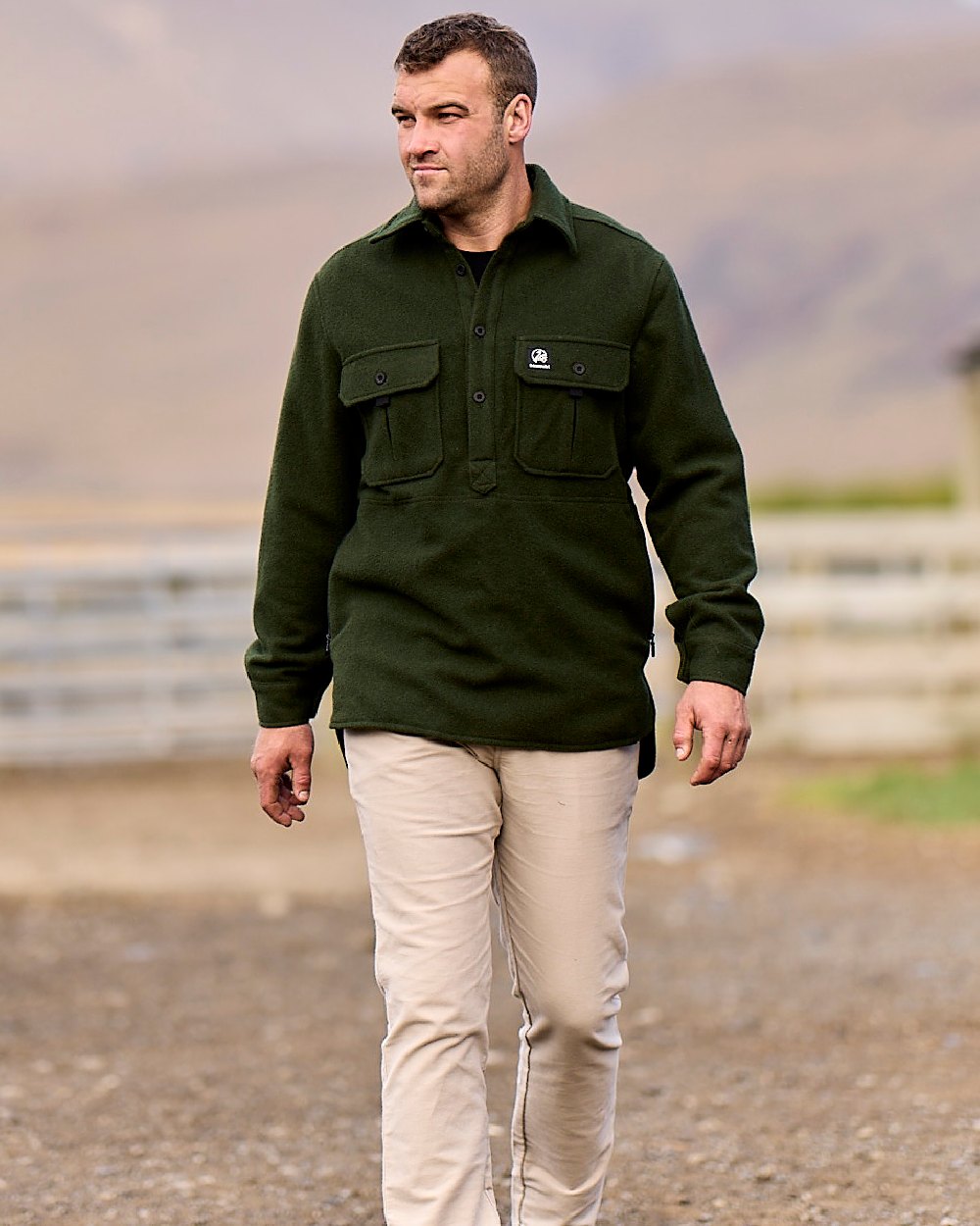 Olive Coloured Swanndri Mens Ranger Extreme V2 on outdoor background 