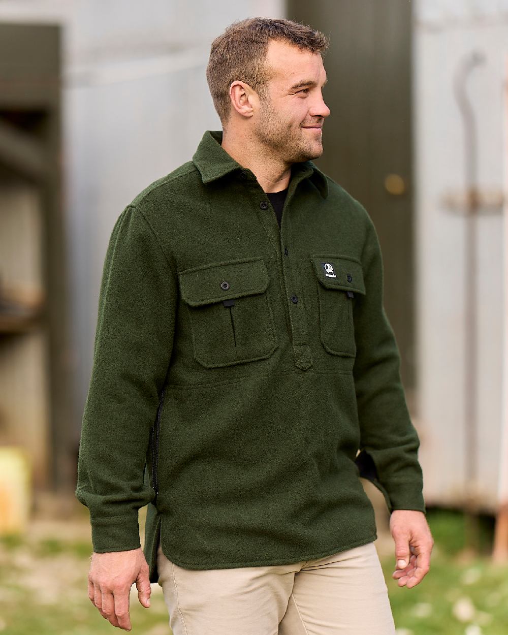 Olive Coloured Swanndri Mens Ranger Extreme V2 on outdoor background 