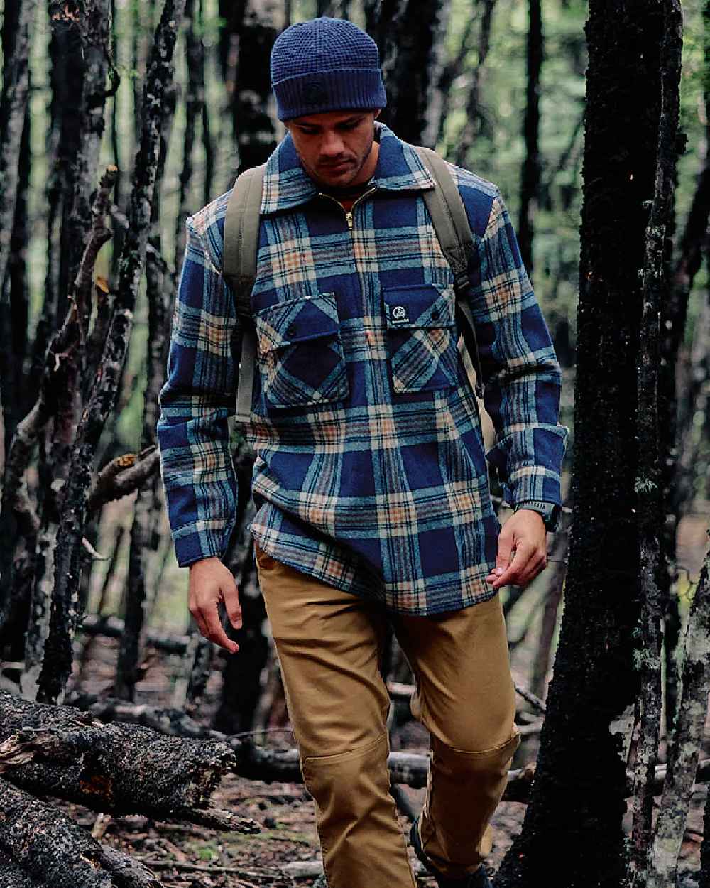 Atlantic Check Coloured Swanndri Mens Ranger Wool Zip Front Bushshirt on outdoor background 