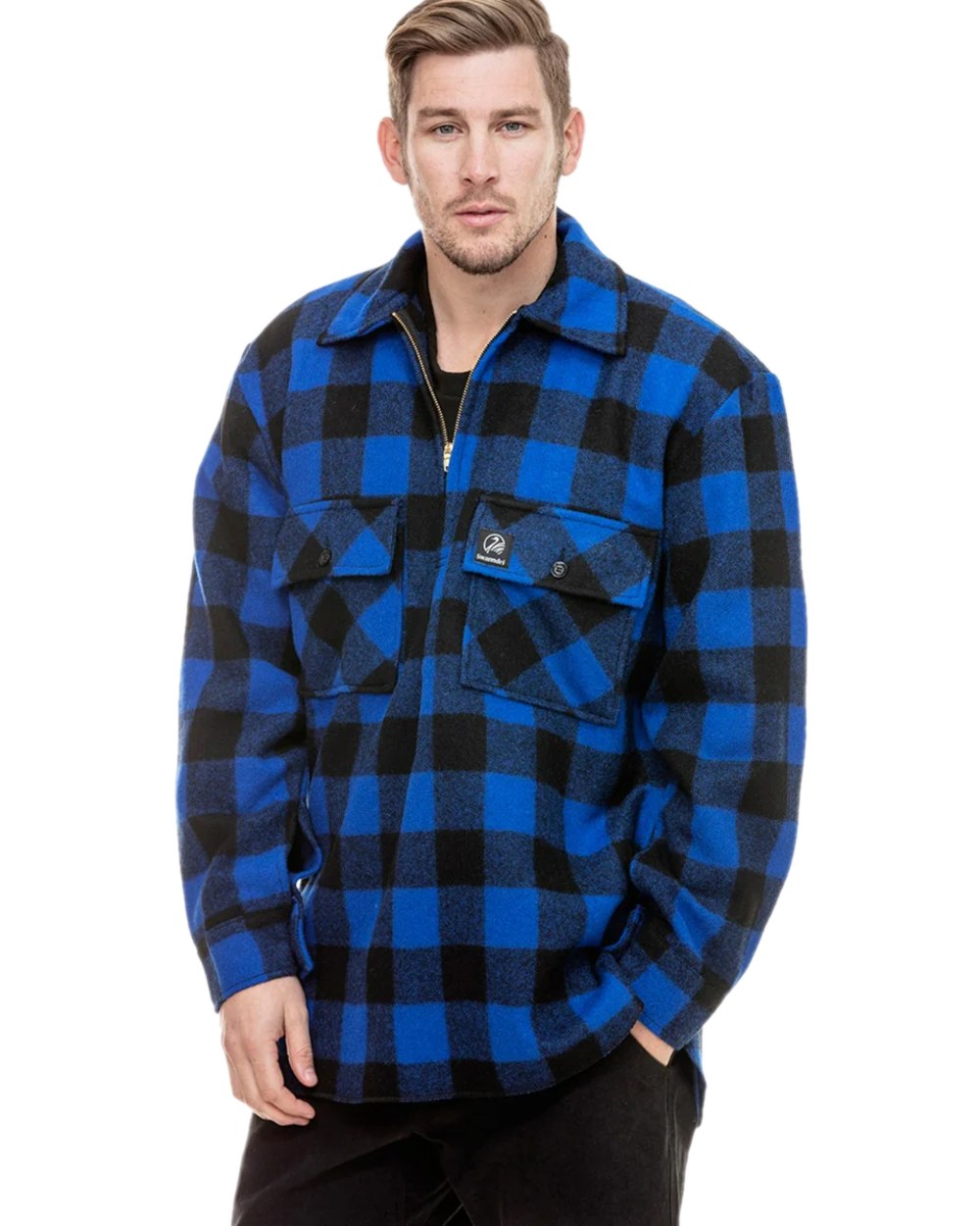 Blue Black Check Coloured Swanndri Mens Ranger Wool Zip Front Bushshirt on white background 