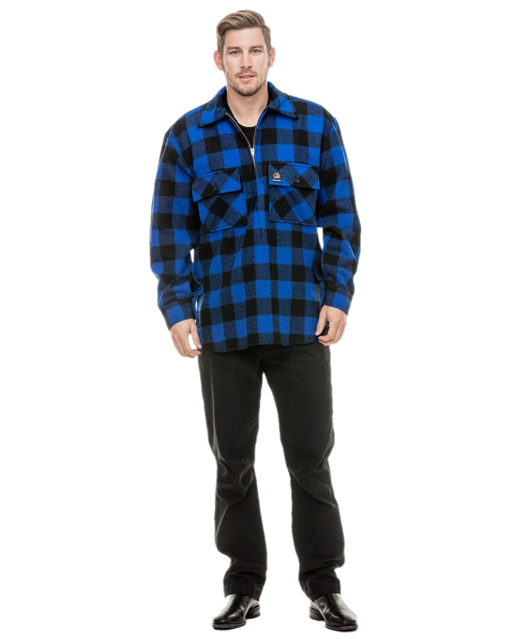 Blue Black Check Coloured Swanndri Mens Ranger Wool Zip Front Bushshirt on white background 